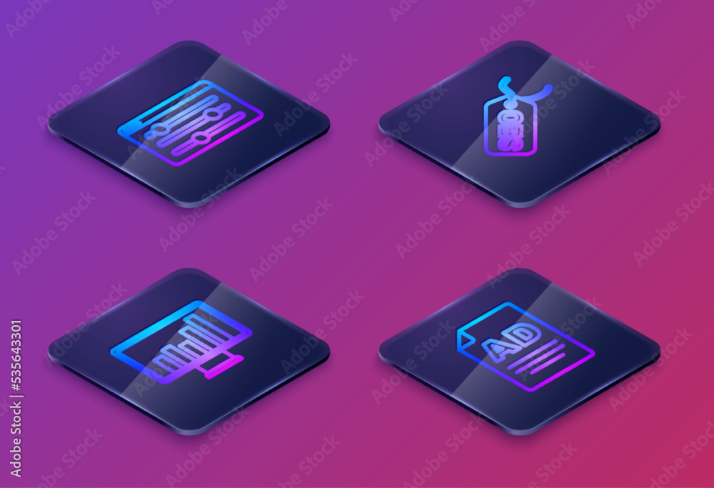 Set Isometric line Browser setting, Monitor with graph chart, SEO optimization and Advertising. Blue square button. Vector