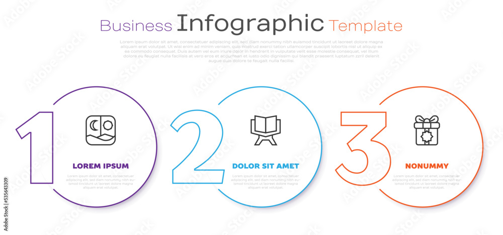 Set line Ramadan fasting, Holy book of Koran and Gift box. Business infographic template. Vector