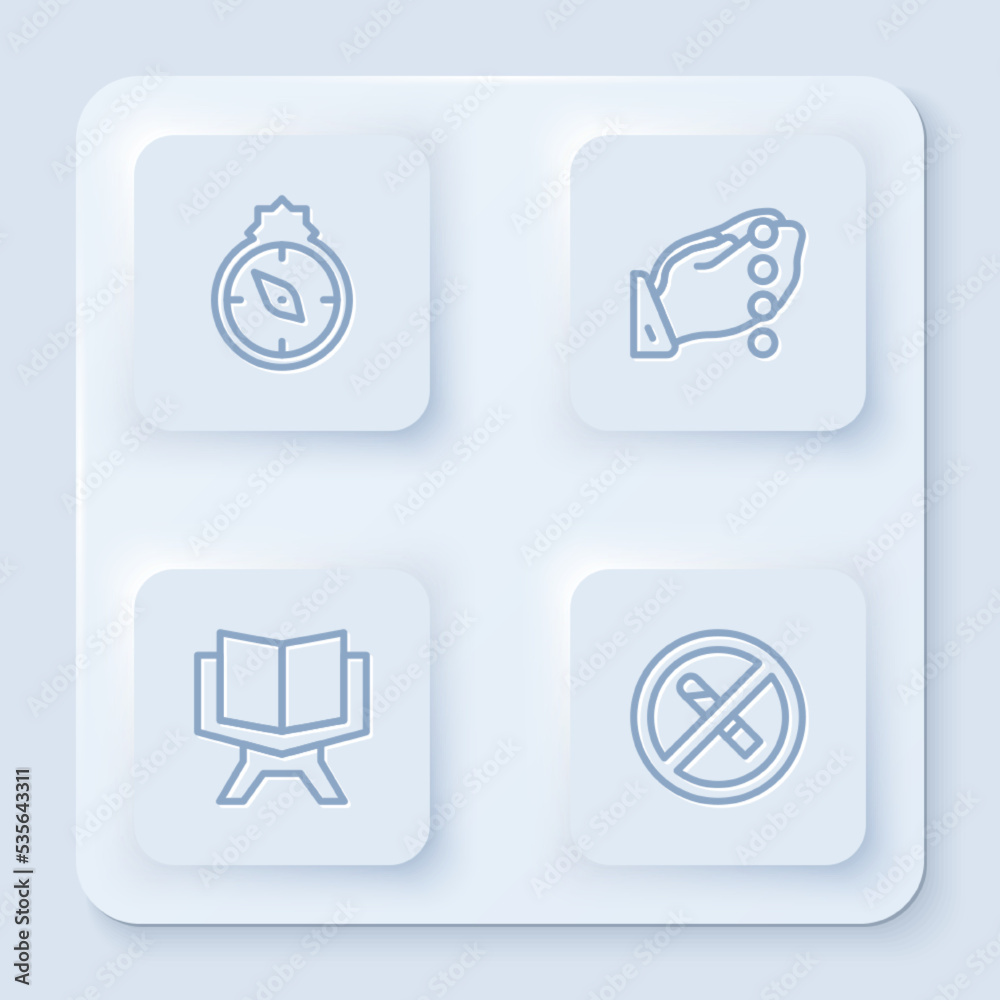 Set line Qibla, Hands in praying position, Holy book of Koran and No Smoking. White square button. Vector Set line Qibla, Hands in praying position, Holy book of Koran and No Smoking. White square button. Vector
