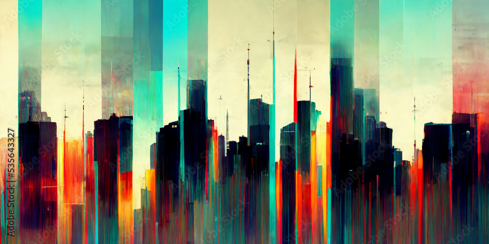 Naklejka premium Cityscape. Glitch colorful metropolitan scenery. Abstract modern cityscape background. Skyscrapers