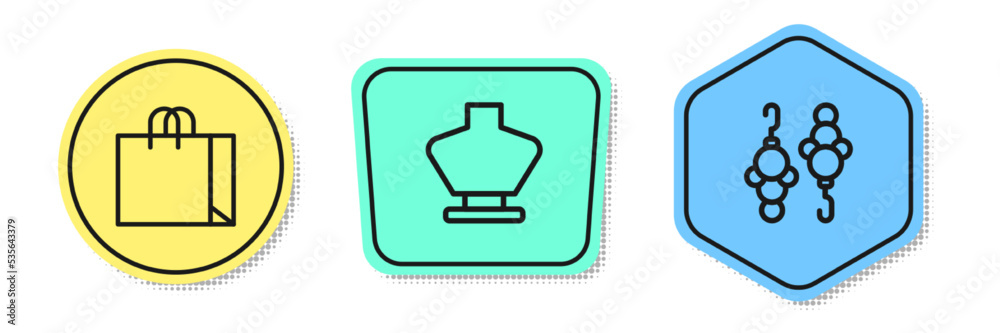 Set line Shopping bag jewelry, Necklace on mannequin and Earrings. Colored shapes. Vector Set line Shopping bag jewelry, Necklace on mannequin and Earrings. Colored shapes. Vector