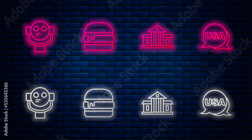 Set line Burger, White House, Tourist binoculars and USA Independence day. Glowing neon icon on brick wall. Vector