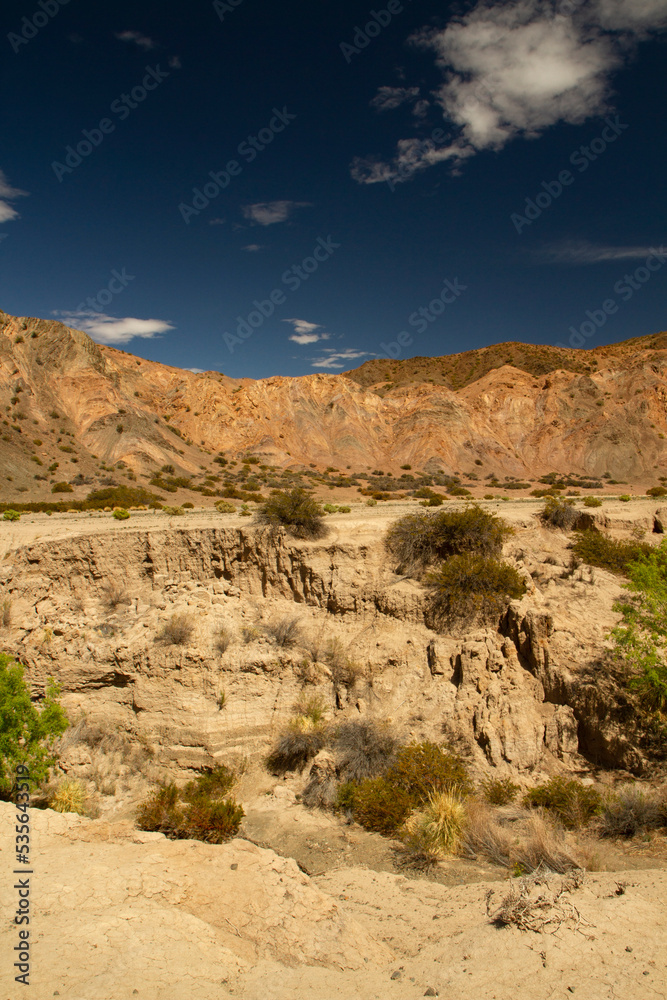 Pampa del Leoncito arid desert landscape in San Juan, Argentina. Cliffs and sandstone hills.