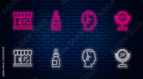 Set line Oil bottle, Baldness, Barbershop building and Hand mirror. Glowing neon icon on brick wall. Vector