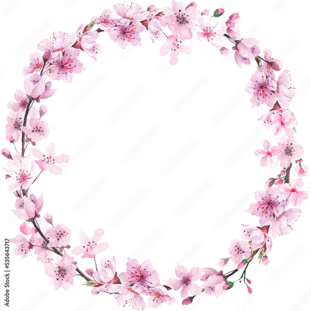 Watercolor Round Cherry Blossom Wreath, Floral Wedding Invitation Logo Design