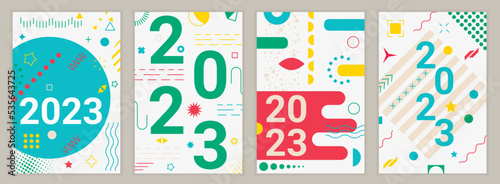 Set of 4 greeting new 2023 year creative colorful cards, memphis design. Design for flyers, posters Numbers design. Christmas greetings.