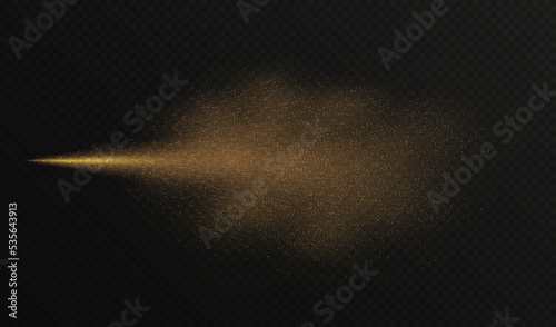 Golden spray mist with glitter particles, fashion shimmer freshener with haze isolated on a dark background. Realistic vector effect. Luxury scent template.
