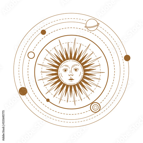 Solar system vector illustration. Sun with a human face. Hand drawn celestial illustrations. Design elements for decoration in modern style. magical drawings. Vector modern print.