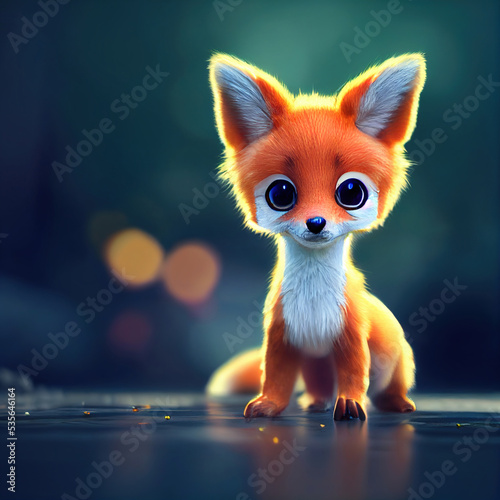 Tiny cute adorable fox in an autumn oak forest, intricate details. Cartoon big eyed close up portrait. Soft cinematic lighting, animation style character, anime style, 3d illustration.