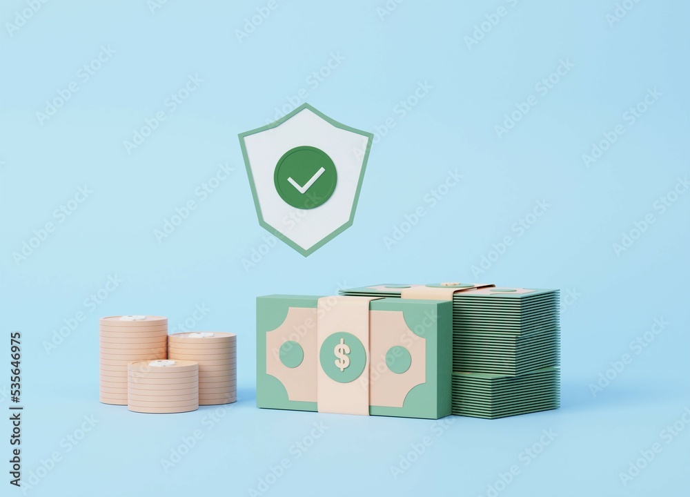 Obraz premium Bundles of cash and coins on a blue background. save money, cashless society concept. 3d illustration