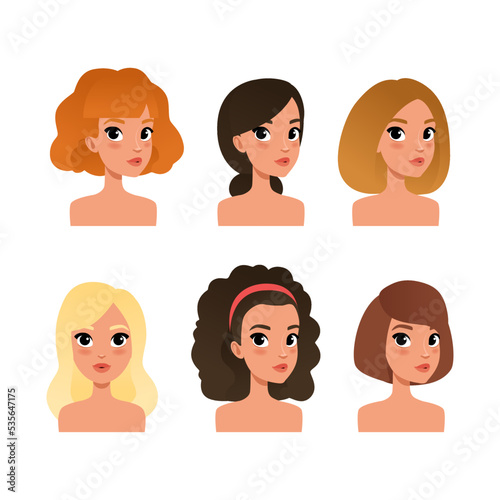 Set of beautiful women heads. Girls avatar profile, mobile gaming hero portraits, people creation constructor cartoon vector illustratio