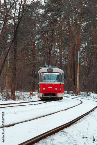 Red tramway in the winter forest coming around the turn, snow-covered rails on foreground and naked trees on background - public transport and touristic attraction in Kyiv (Kiev), Ukraine, vertical