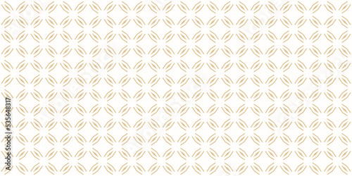 Golden abstract geometric seamless pattern in oriental style. Luxury vector background. Simple graphic ornament. White and gold texture with diamond shapes, grid, net, thin lines, floral silhouettes