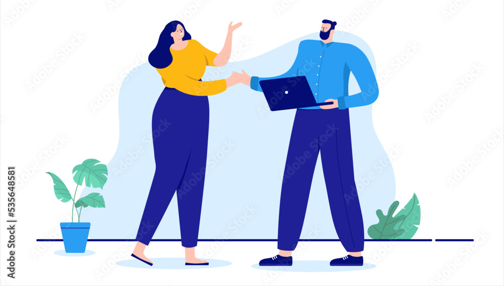 Greeting man and woman - Two casual business people meeting, smiling and doing low five. Flat design cartoon illustration with white background