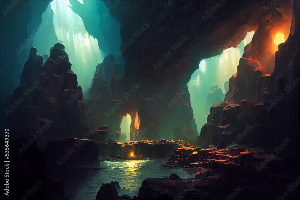 Illustrazione Stock Dark cave concept art illustration, dungeons and  dragons fantasy cave, dark and spooky, mysterious | Adobe Stock