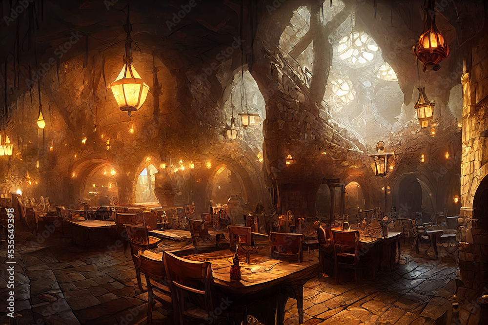 Naklejka premium Interior fantasy Medieval Dungeons and Dragons Castle Stone Tavern