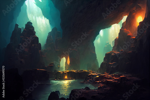 Fotografia Dark cave concept art illustration, dungeons and dragons fantasy cave, dark and