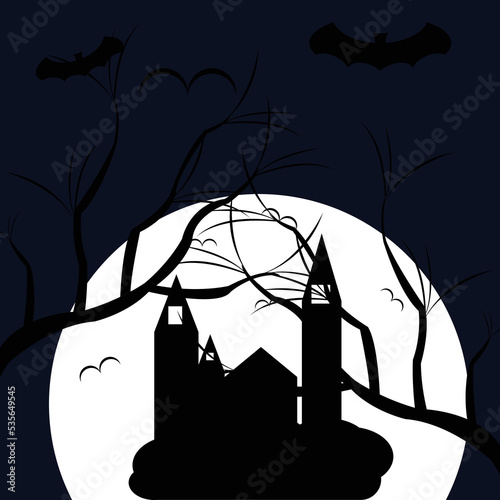 halloween night scene with moon haunted with empty house vector illustration