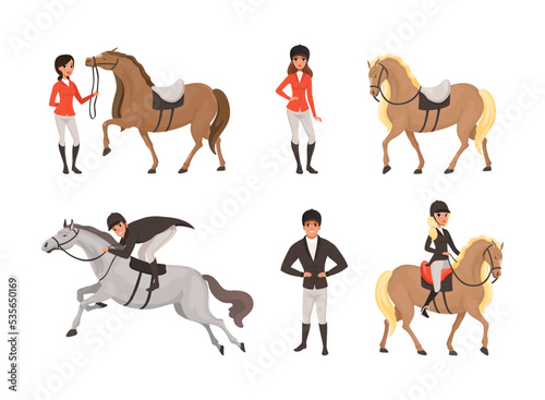 Equestrian sports set. Male and female jockeys on horse riding and jumping vector illustration