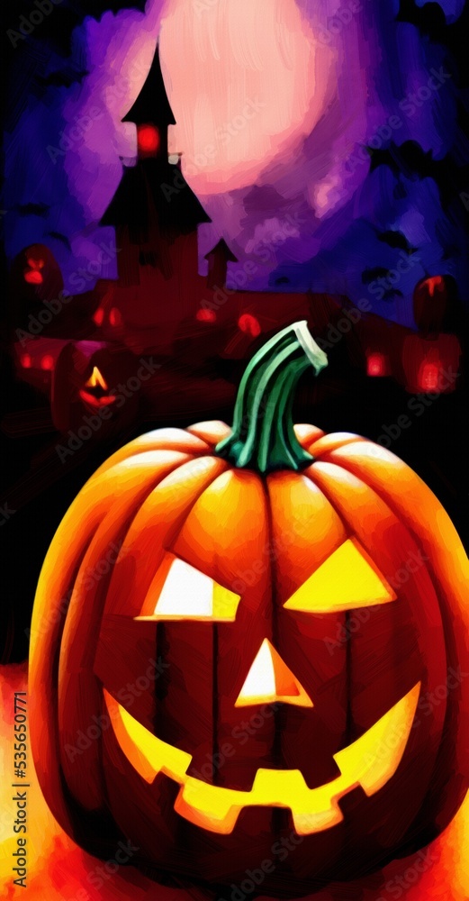 Digital painting halloween pumpkin character illustration. Halloween celebration symbol. Evil smiling Jack o lantern. Oil painting imitation. Wall art print, poster, canvas, invitation background.