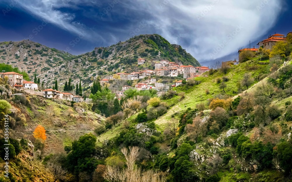 Panoramic view of  Dimitsana village, a beautiful mountain villagea in Arcadia ,Peloponesse, Greece