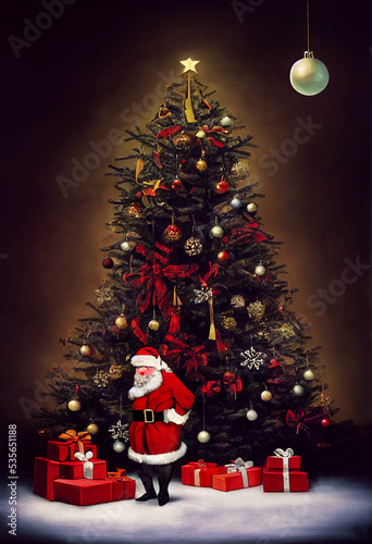 Beautiful Christmas card of Santa Claus thinking in front of a presents and a beautiful Christmas tree, decorated with red and golden balls, yellow star and gift boxes. 3D Illustration