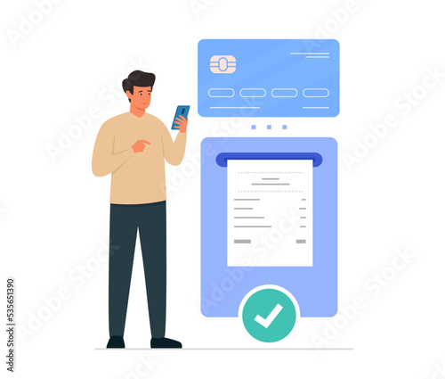 Flat vector illustration of online bill payment and mobile banking concept. Character with smartphone, credit card and payment bill isolated on white background.