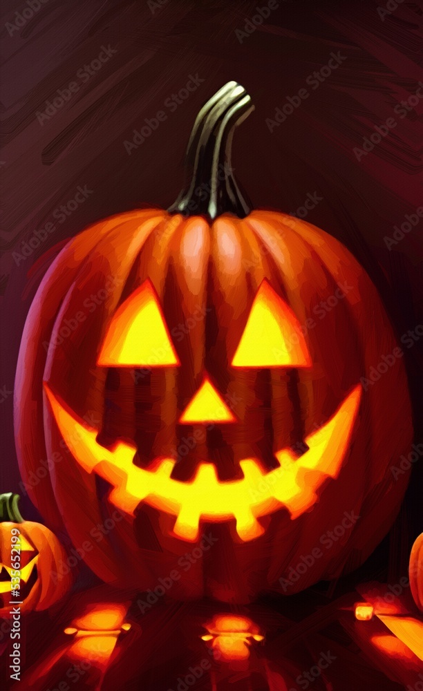 Fototapeta premium Digital painting halloween pumpkin character illustration. Halloween celebration symbol. Evil smiling Jack o lantern. Oil painting imitation. Wall art print, poster, canvas, invitation background.