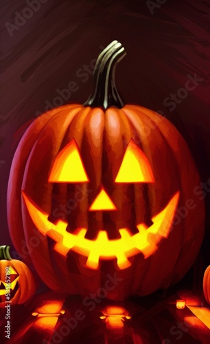 Digital painting halloween pumpkin character illustration. Halloween celebration symbol. Evil smiling Jack o lantern. Oil painting imitation. Wall art print, poster, canvas, invitation background.