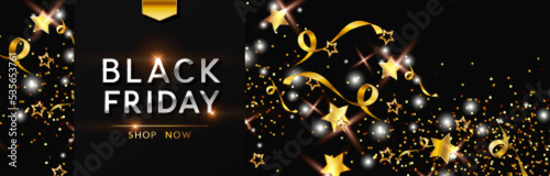 Black Friday Shop Now promotion banner. Special sale, discount tag or coupon with shiny golden stars, tinsel, gliter. Vector dark background, poster, special offer template