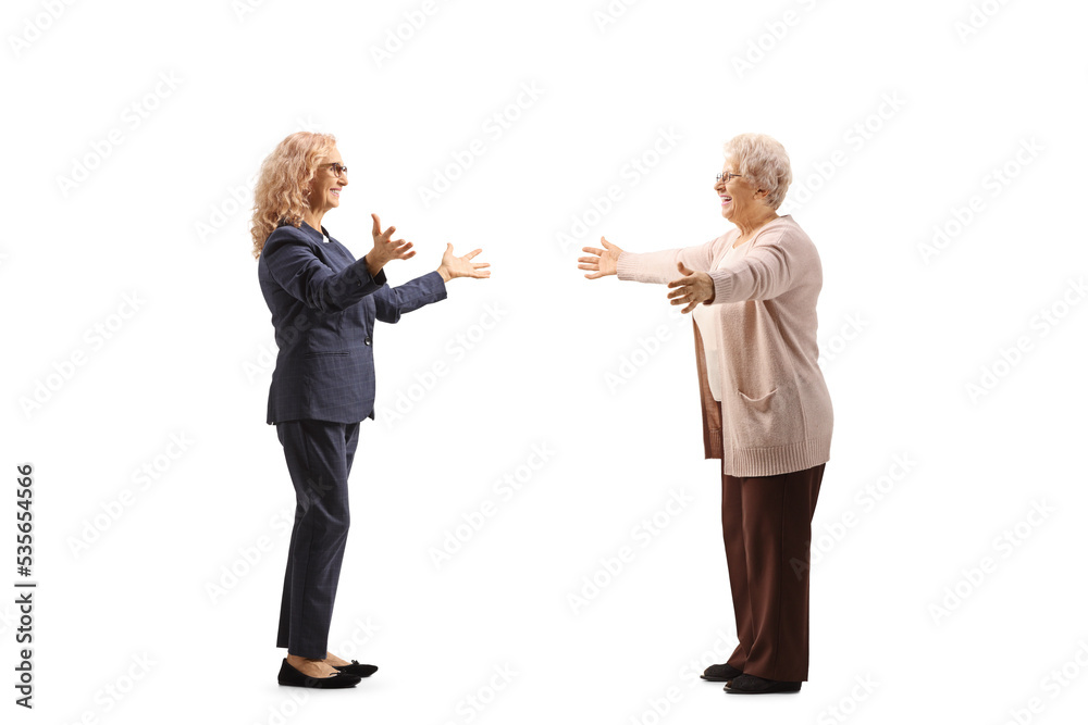 Full length profile shot of a woman meeting and greeting an elderly woman Full length profile shot of a woman meeting and greeting an elderly woman