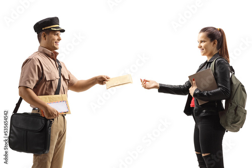 Profile shot of a mailman delivering post to a female student