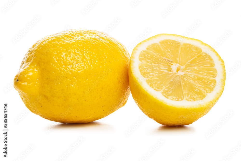 Whole and cut lemons. Isolate on white background