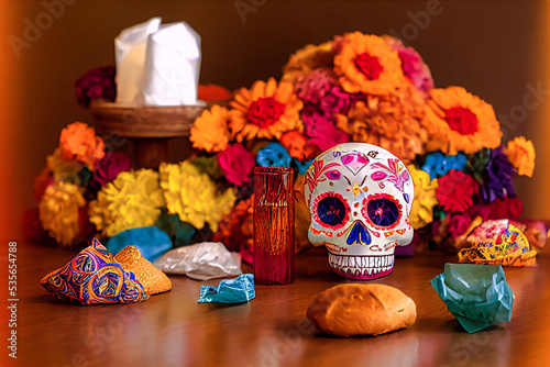 Day of the dead (Dia de Muertos) Altar. Colorful tissue paper with cutout shapes (Papel picado), Marigolds and marigold petals used as decoration and offering. Candles. Catrina Skull.
