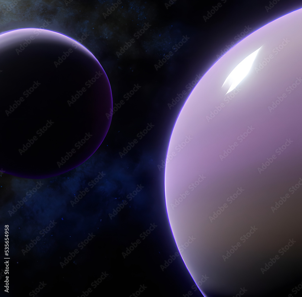Exoplanet, sci-fi background. Planet with atmosphere and solid surface in space. Purple alien world with purple moon and stars visible. Alien exoplanet, atmosphere visible