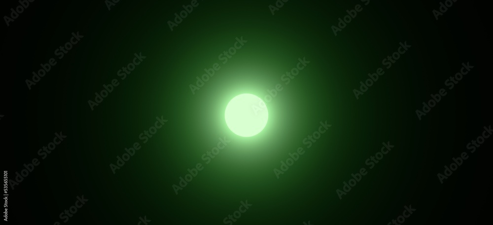 Abstract green fluorescent neon spotlight in a dark background wallpaper banner. Place for text, copy space. 3d illustration. Minimal concept.