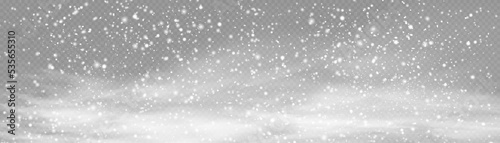 Many white cold flake elements. Magic Christmas eve snowfall. Xmas snowflakes in different shapes. Falling Christmas shining transparent beautiful snow wind with snowdrifts. Vector illustration