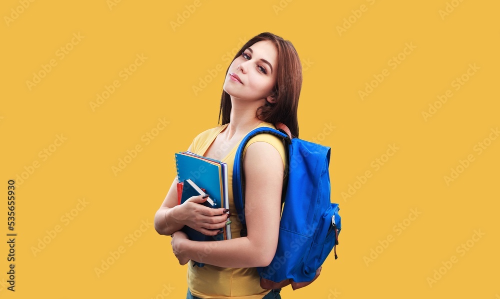 Young girl student hold books posing on the background. Young girl student hold books posing on the background.
