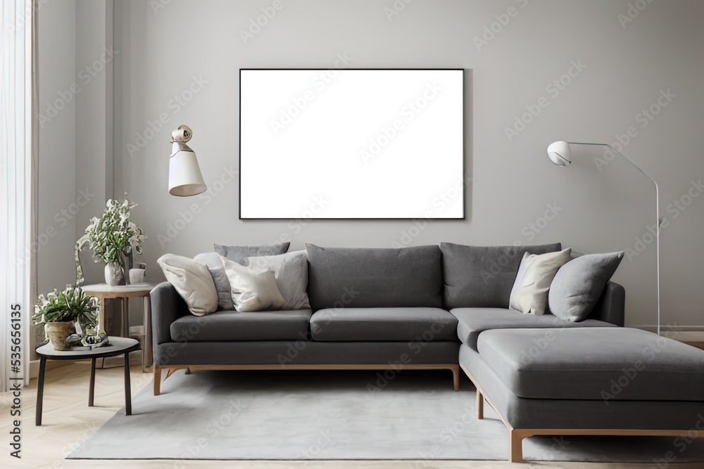 Mock up of poster frame for modern living room with sofa Mock up of poster frame for modern living room with sofa