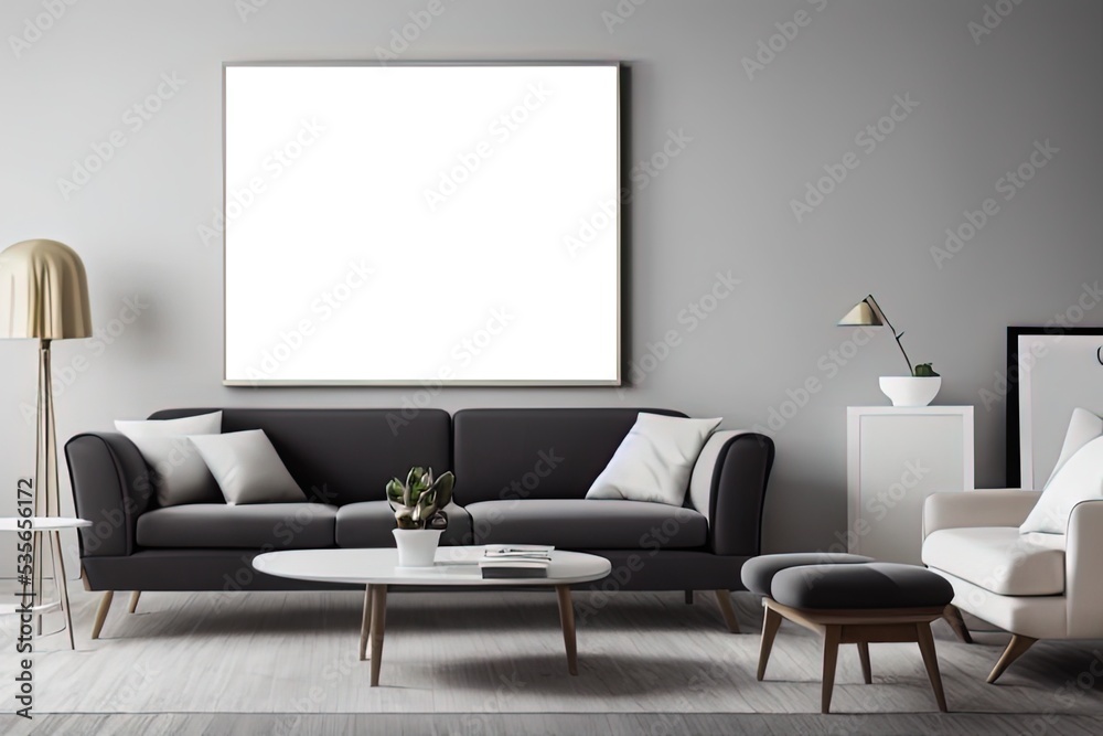 Mock up of poster frame for modern living room with sofa Mock up of poster frame for modern living room with sofa