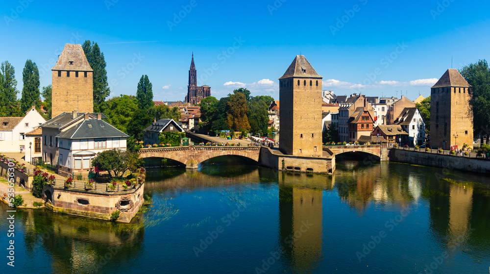 Medieval bridge Ponts Couverts from Barrage Vauban in Strasbourg, Alsace, France