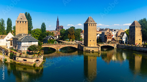 Medieval bridge Ponts Couverts from Barrage Vauban in Strasbourg, Alsace, France photo