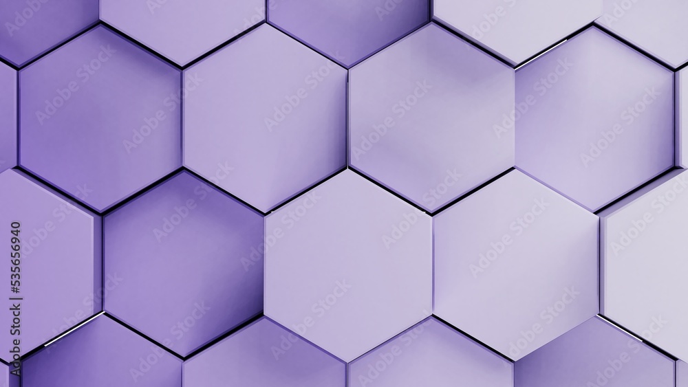 Abstract background with waves made of purple-white gradation futuristic honeycomb mosaic hexagon geometry primitive forms that goes up and down under blue back-lighting. 3D illustration. 3D CG. Abstract background with waves made of purple-white gradation futuristic honeycomb mosaic hexagon geometry primitive forms that goes up and down under blue back-lighting. 3D illustration. 3D CG.