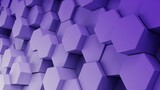 Abstract background with waves made of purple-white gradation futuristic honeycomb mosaic hexagon geometry primitive forms that goes up and down under blue back-lighting. 3D illustration. 3D CG.