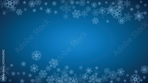 New Year snowflakes on blue background with sparkles. Horizontal Christmas and New Year snowflakes  falling. For season sales  special offer  banners  cards  party invites  flyer. White frosty snow