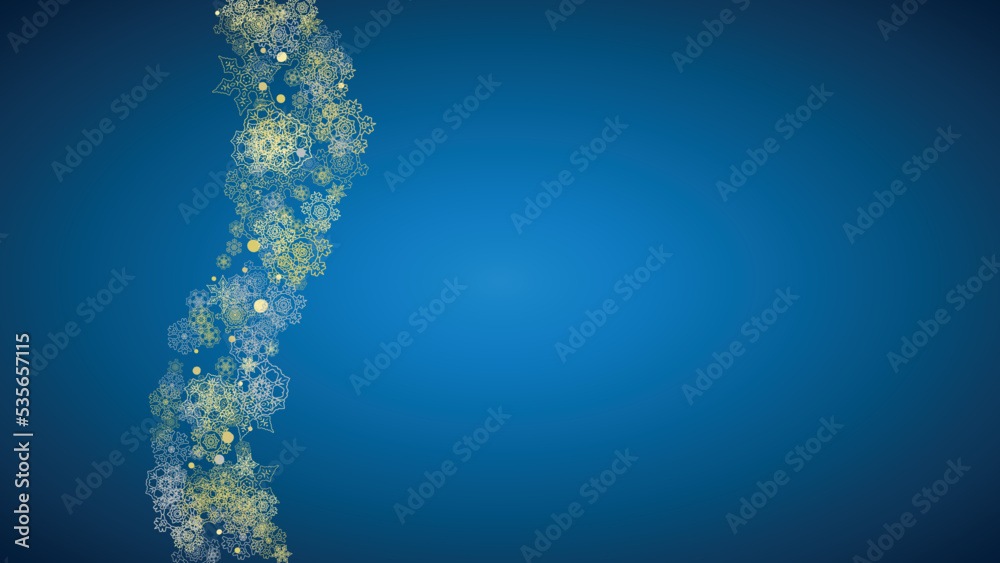 New Year frame with gold snowflakes on blue background. Horizontal Christmas and New Year frame for gift certificate, ads, banner, flyer, sales offers, event invitations. Glitter snow with sparkle New Year frame with gold snowflakes on blue background. Horizontal Christmas and New Year frame for gift certificate, ads, banner, flyer, sales offers, event invitations. Glitter snow with sparkle