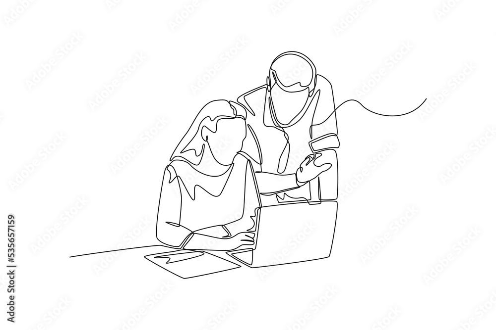 One continuous line drawing of young male and female doing work and discussion for project with laptop. Coworking concept. Single line draw design vector graphic illustration.