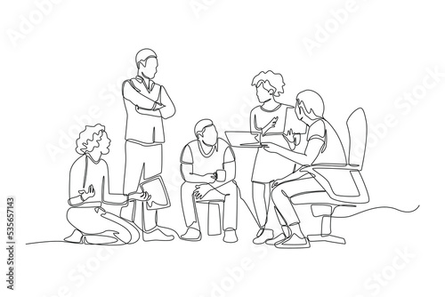 One continuous line drawing of creative team having a discussion for a design project. Coworking concept. Single line draw design vector graphic illustration.