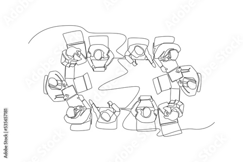 One continuous line drawing of businessman team brainstorming or meeting at table from top view. Coworking concept. Single line draw design vector graphic illustration.