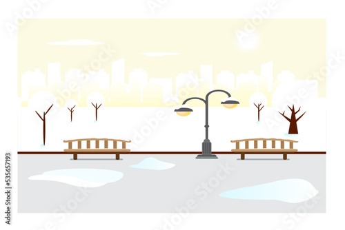 City square with snowy trees and frost on a snowy city landscape. Vector illustration.
